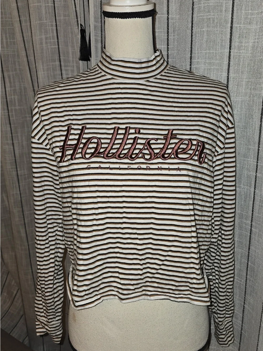 Hollister Cream & Brown Striped Mock-Neck Crop Top with Maroon Logo